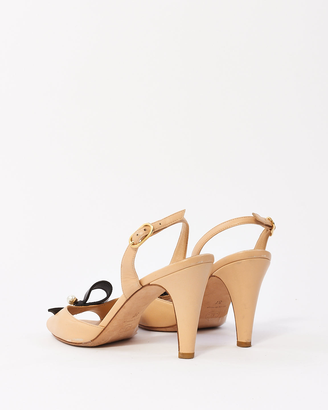 Chanel Beige Leather with Black Bow and CC Pearl Sandals - 37