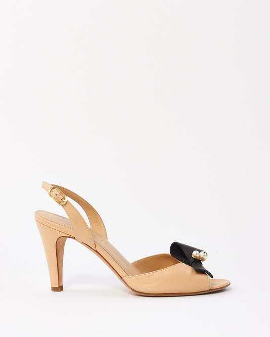 Chanel Beige Leather with Black Bow and CC Pearl Sandals - 37