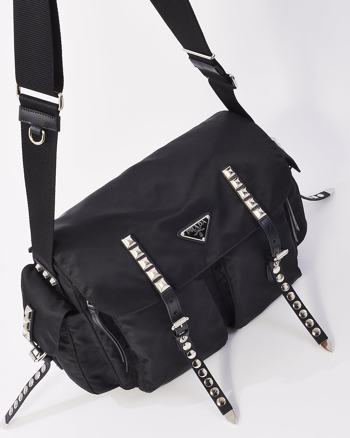 Prada Black Nylon Stud Embellished Tessuto Messenger Bag