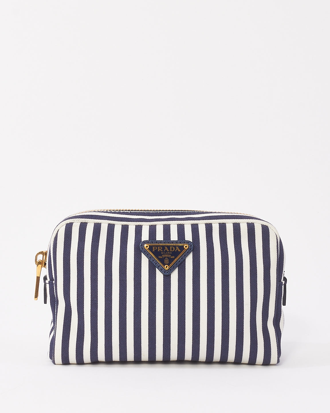 Prada Petite pochette zippée en toile bleu marine et blanche