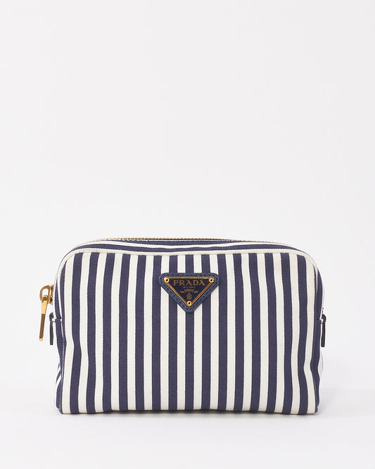 Prada Navy Blue & White Small Canvas Zip Pouch