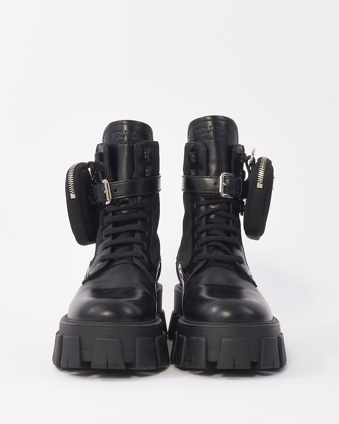 Prada Bottes de combat en cuir monolithe noir et Re-Nylon avec pochette - 38