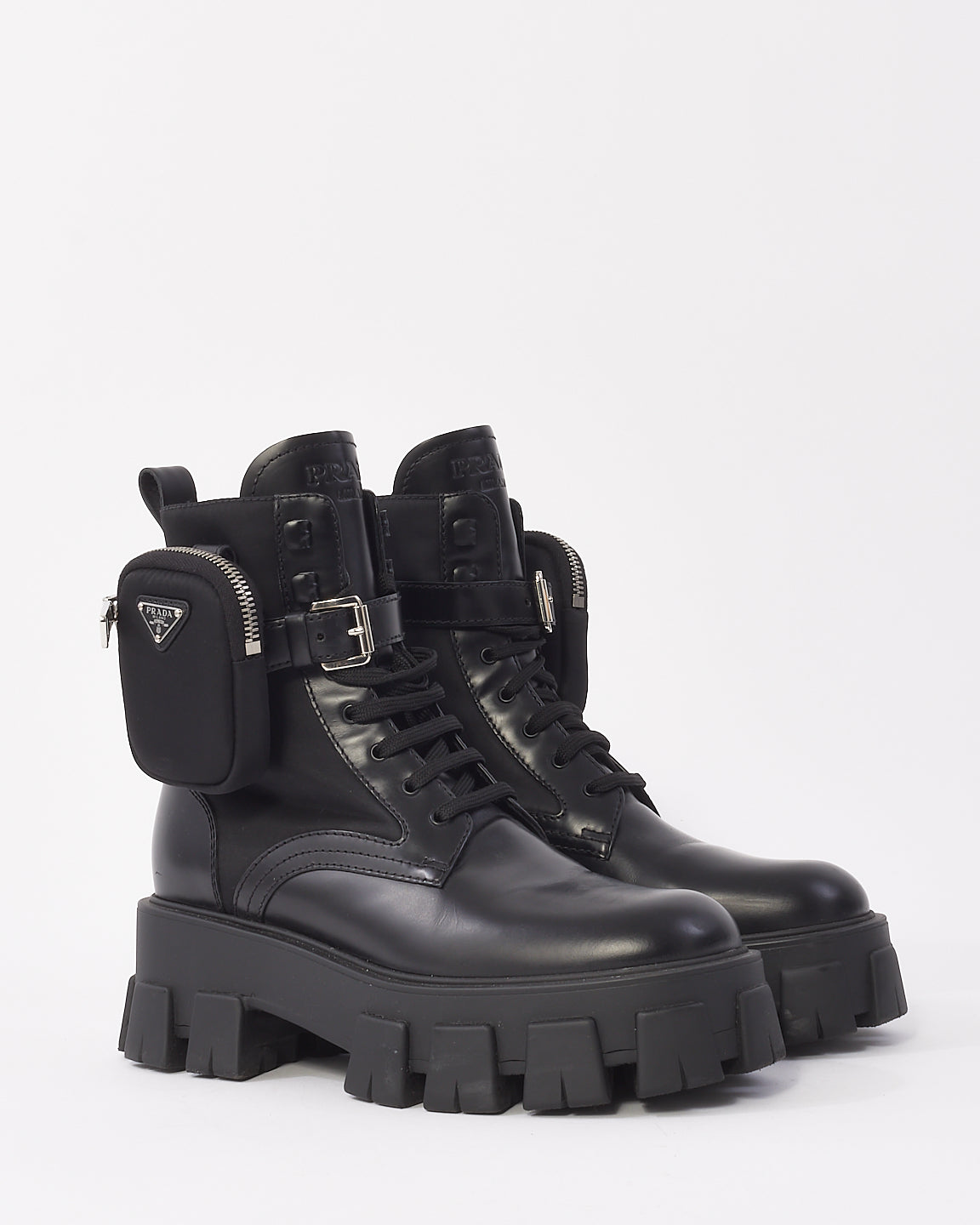 Prada Bottes de combat en cuir monolithe noir et Re-Nylon avec pochette - 38