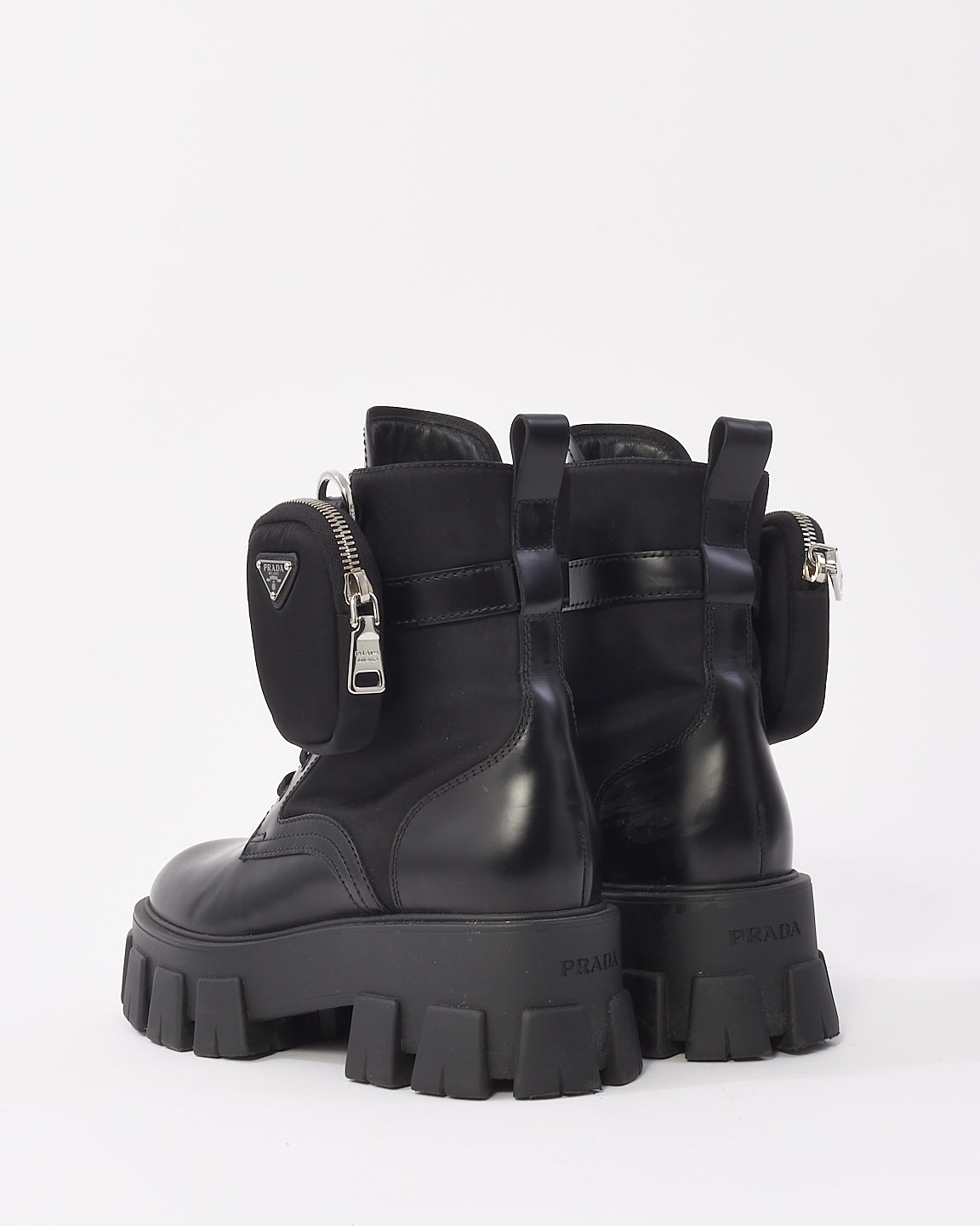 Prada Bottes de combat en cuir monolithe noir et Re-Nylon avec pochette - 38