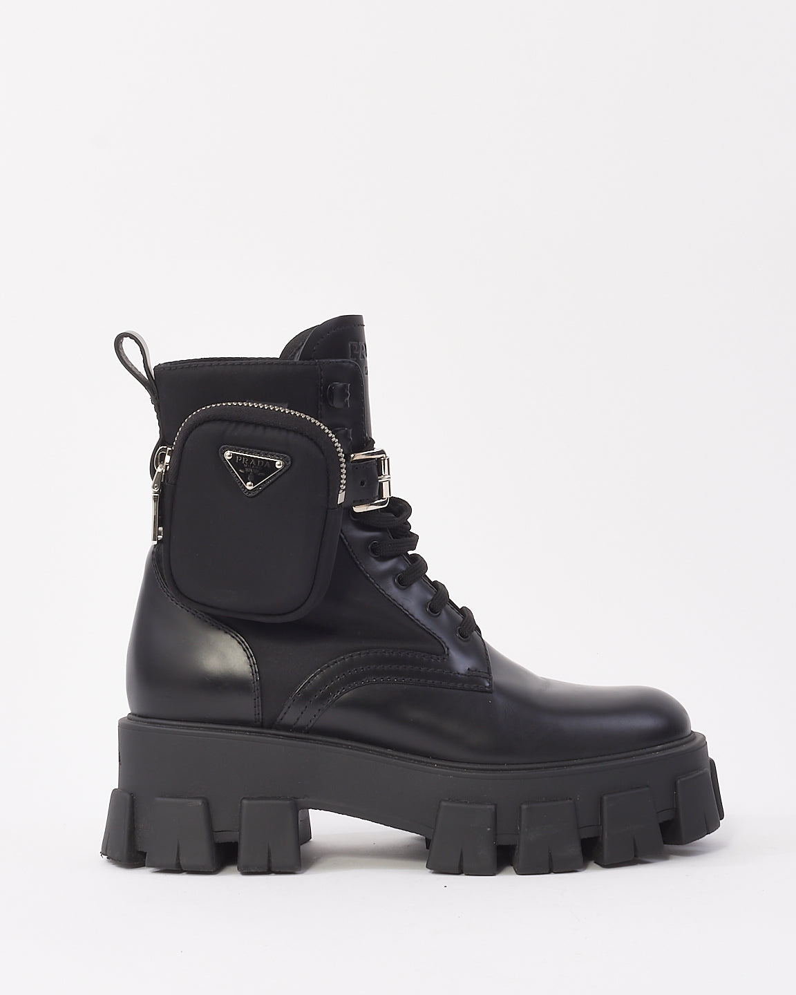 Prada Bottes de combat en cuir monolithe noir et Re-Nylon avec pochette - 38