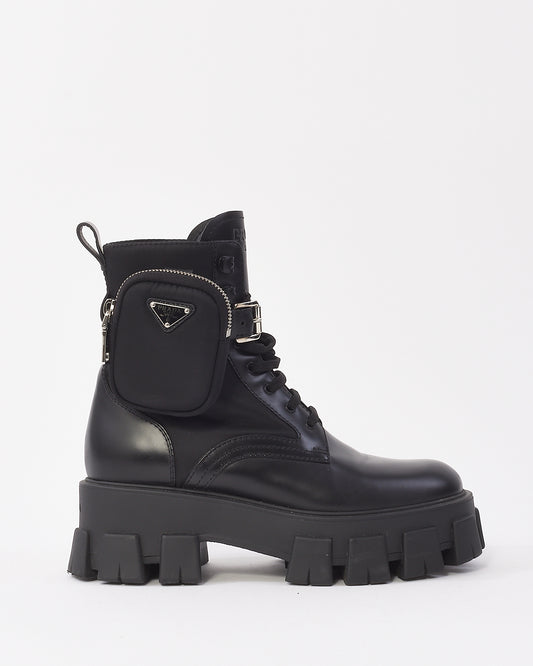 Prada Black Monolith Leather and Re-Nylon Combat Boots with Pouch - 38