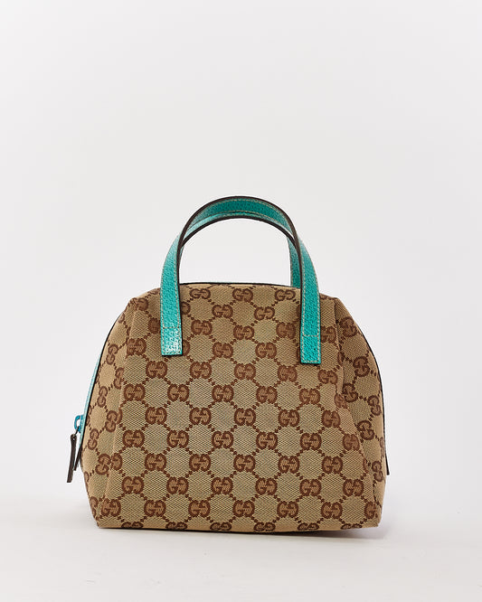 Gucci Brown GG Monogram Canvas / Turquoise Trim Small Top Handle Bag