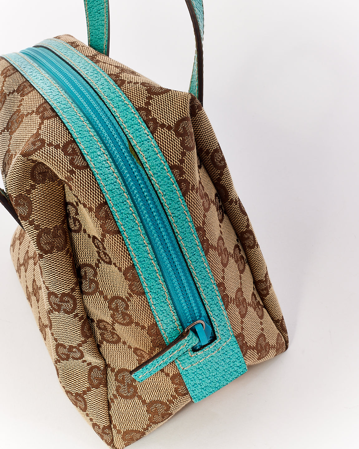 Gucci Brown GG Monogram Canvas / Turquoise Trim Small Top Handle Bag