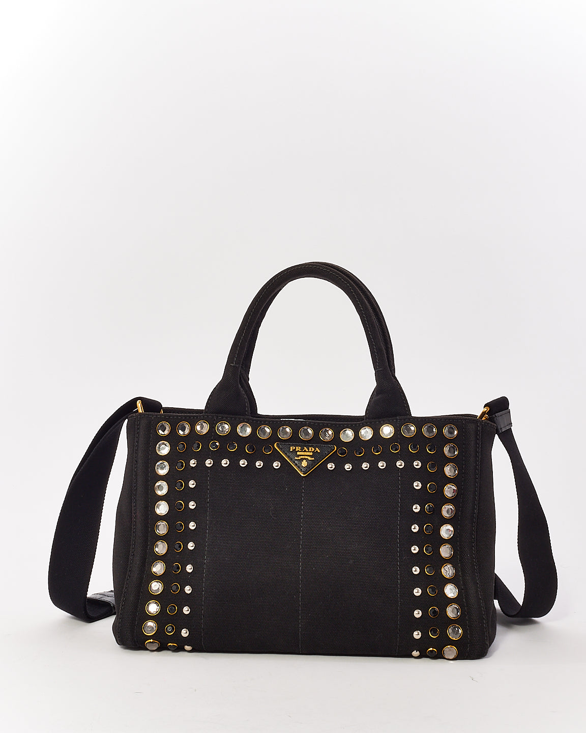 Prada Black Canvas Crystal Embellished Canape Tote with Strap