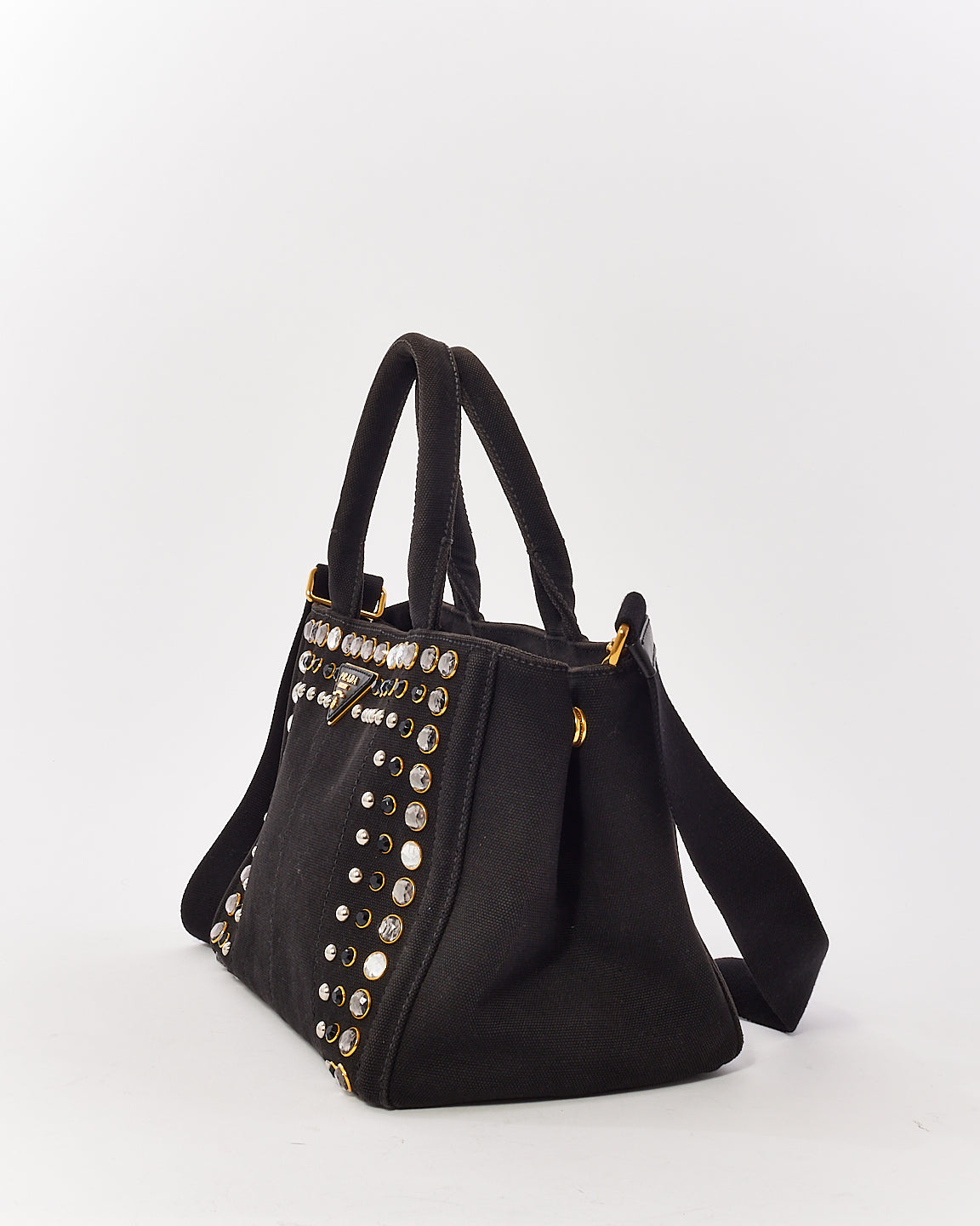 Prada Black Canvas Crystal Embellished Canape Tote with Strap