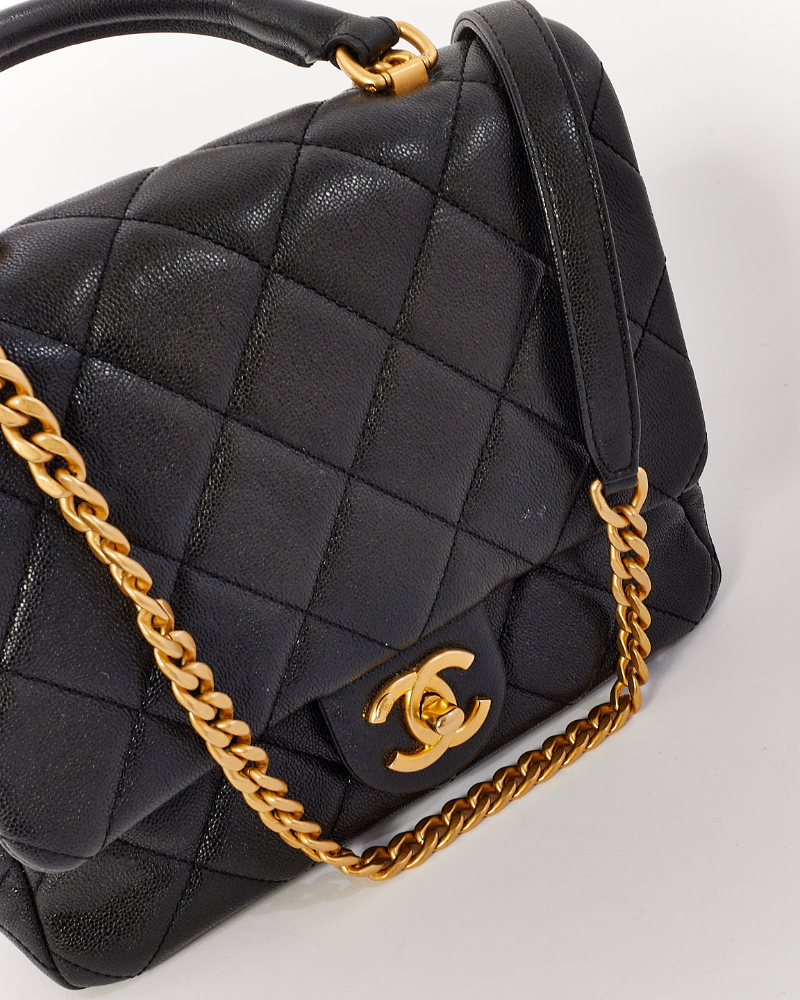 Chanel Black Caviar Leather Top Handle CC 2way Shoulder Bag with Gold Hardware