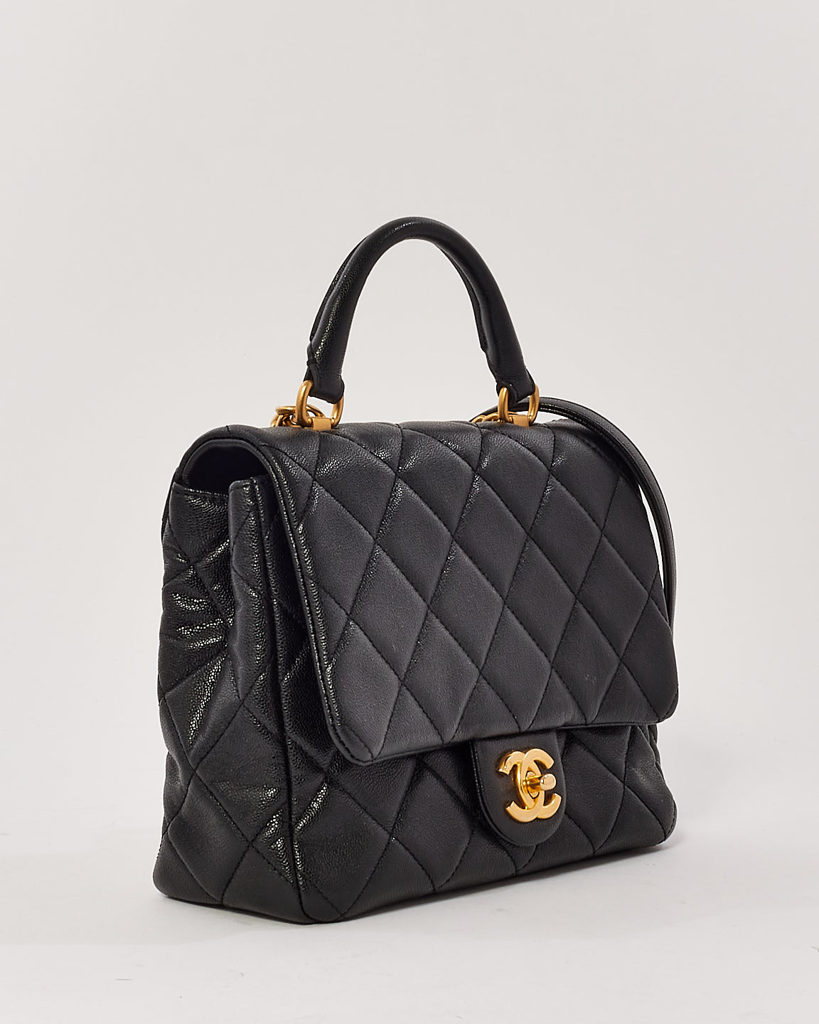 Chanel Black Caviar Leather Top Handle CC 2way Shoulder Bag with Gold Hardware