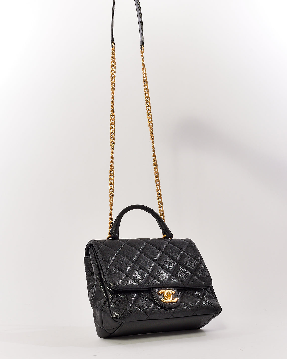 Chanel Black Caviar Leather Top Handle CC 2way Shoulder Bag with Gold Hardware