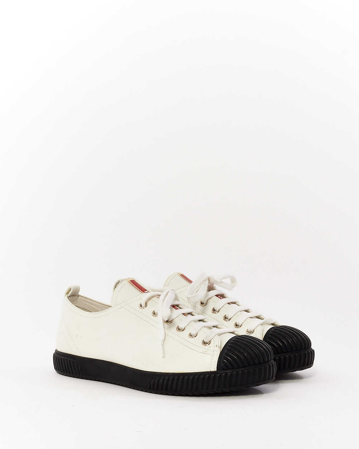 Prada White & Black Leather Low Top Sneakers - 39.5