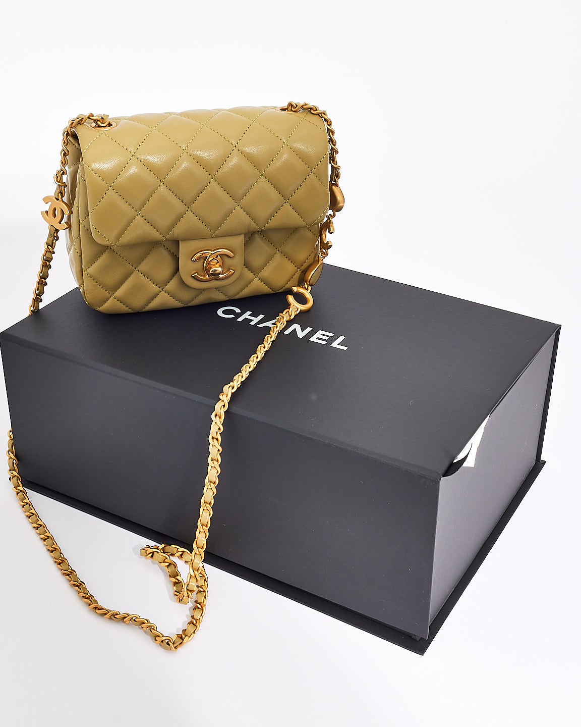 Chanel Light Green Lambskin Leather Mini Flap Bag with Coco Heart Charm Chain