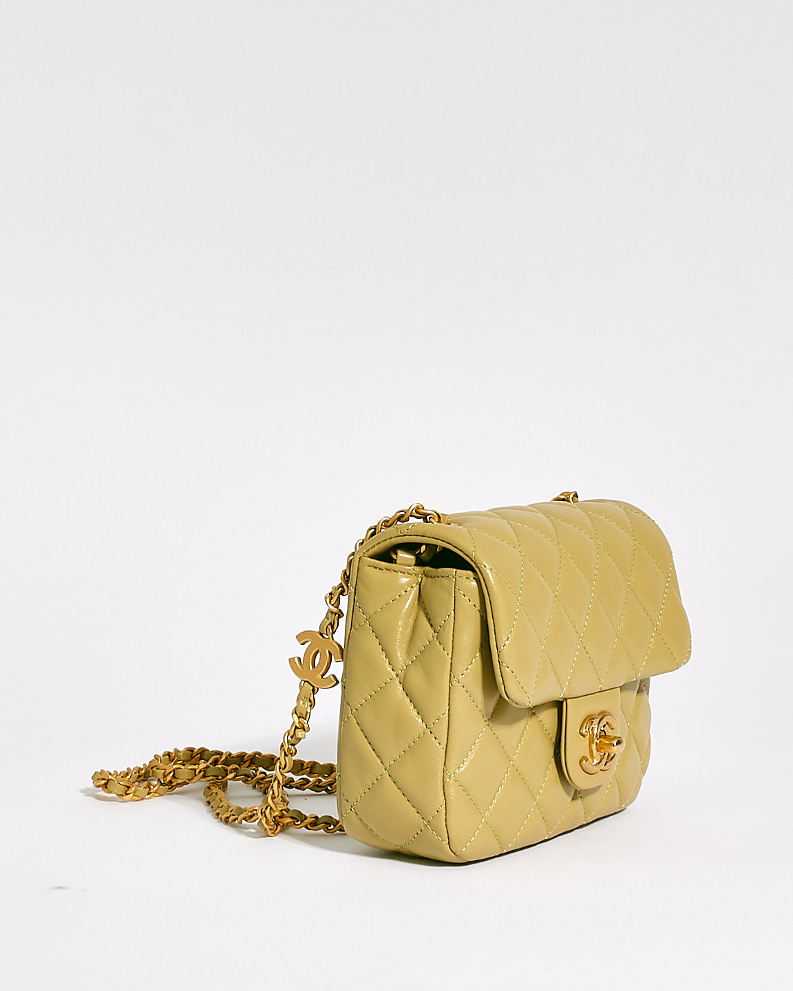 Chanel Light Green Lambskin Leather Mini Flap Bag with Coco Heart Charm Chain