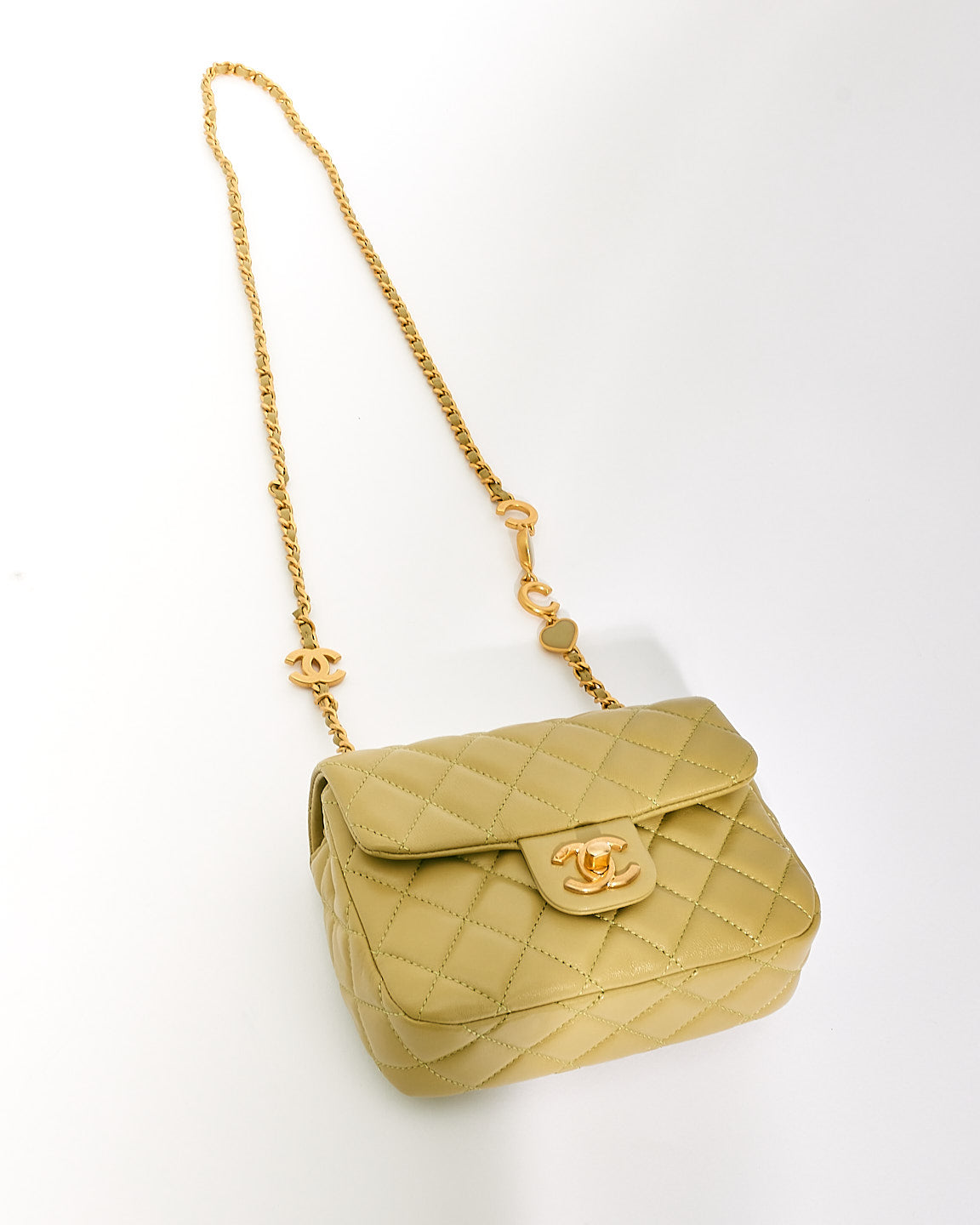 Chanel Light Green Lambskin Leather Mini Flap Bag with Coco Heart Charm Chain