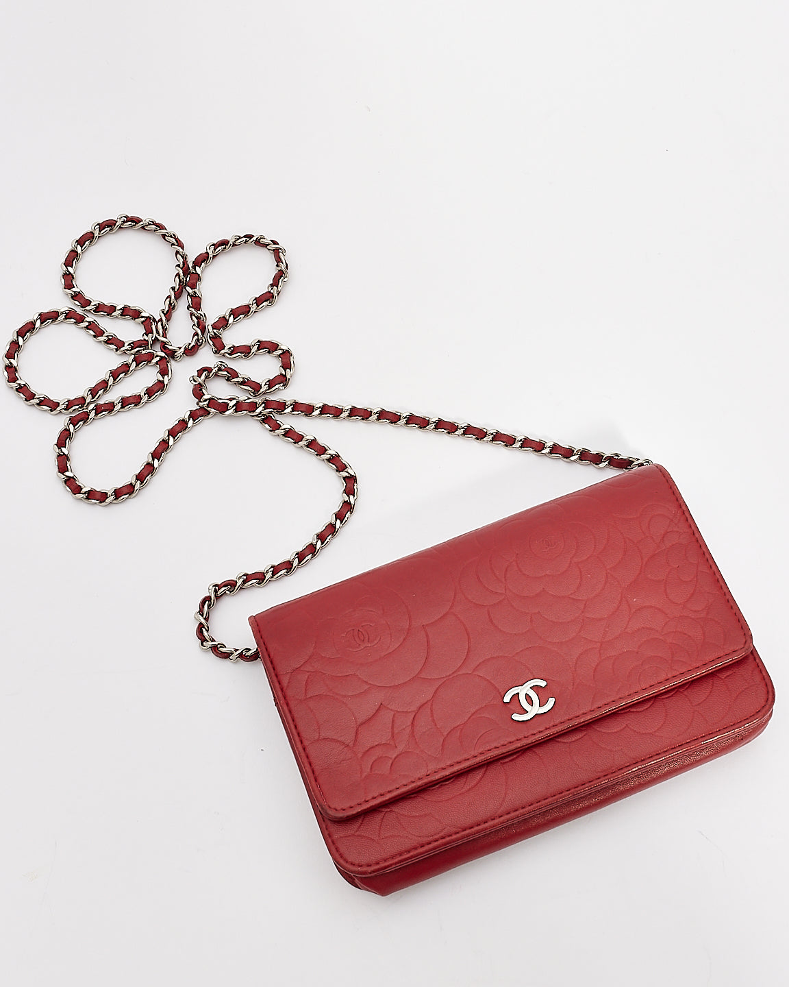 Chanel Red Leather Camellia Embossed Wallet On Chain