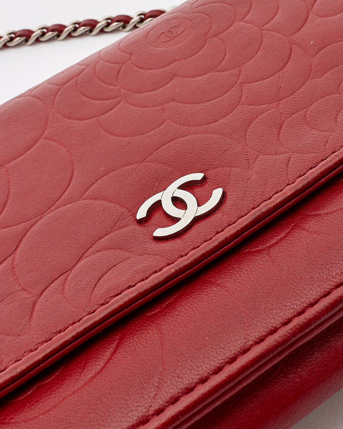 Chanel Red Leather Camellia Embossed Wallet On Chain