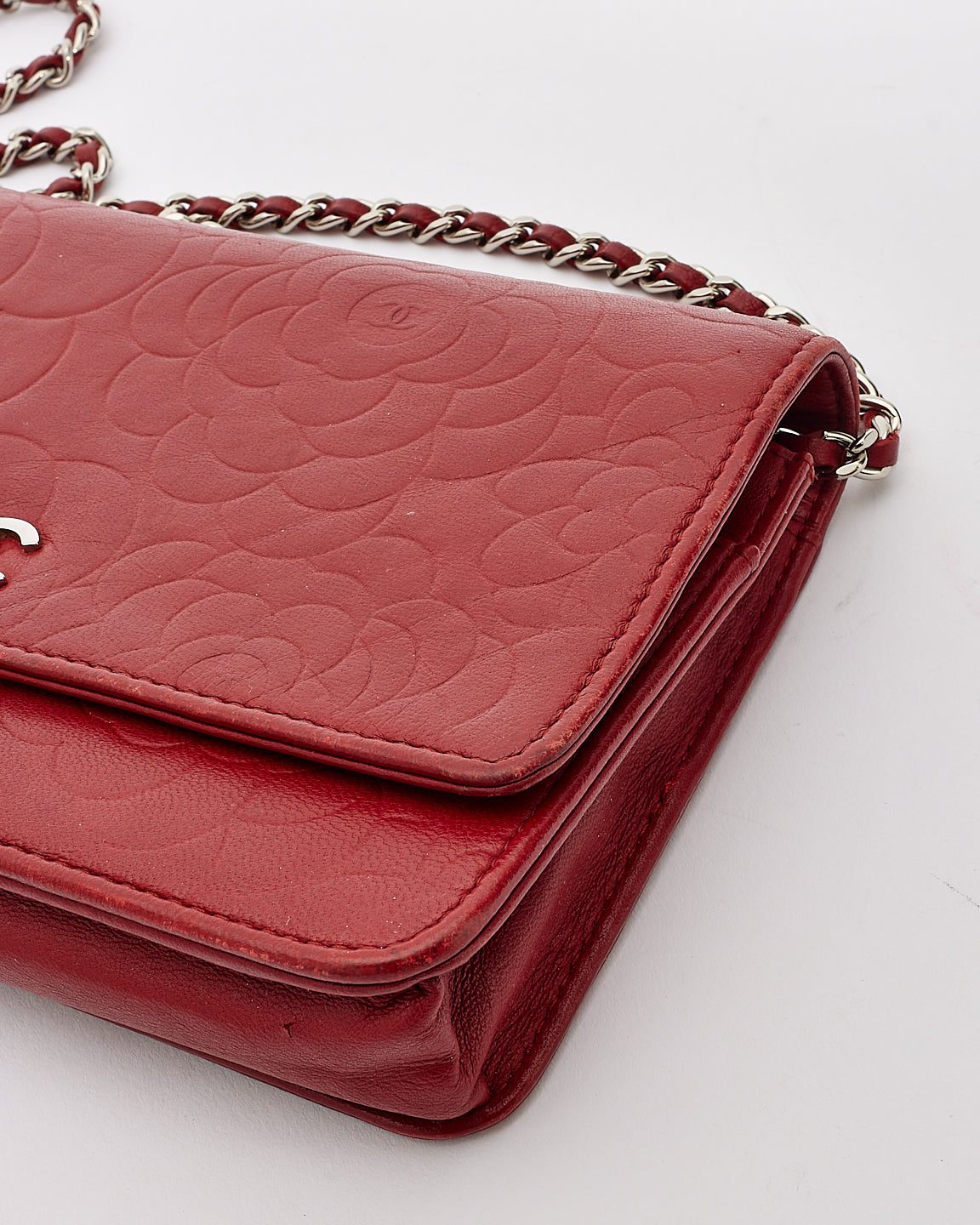 Chanel Red Leather Camellia Embossed Wallet On Chain