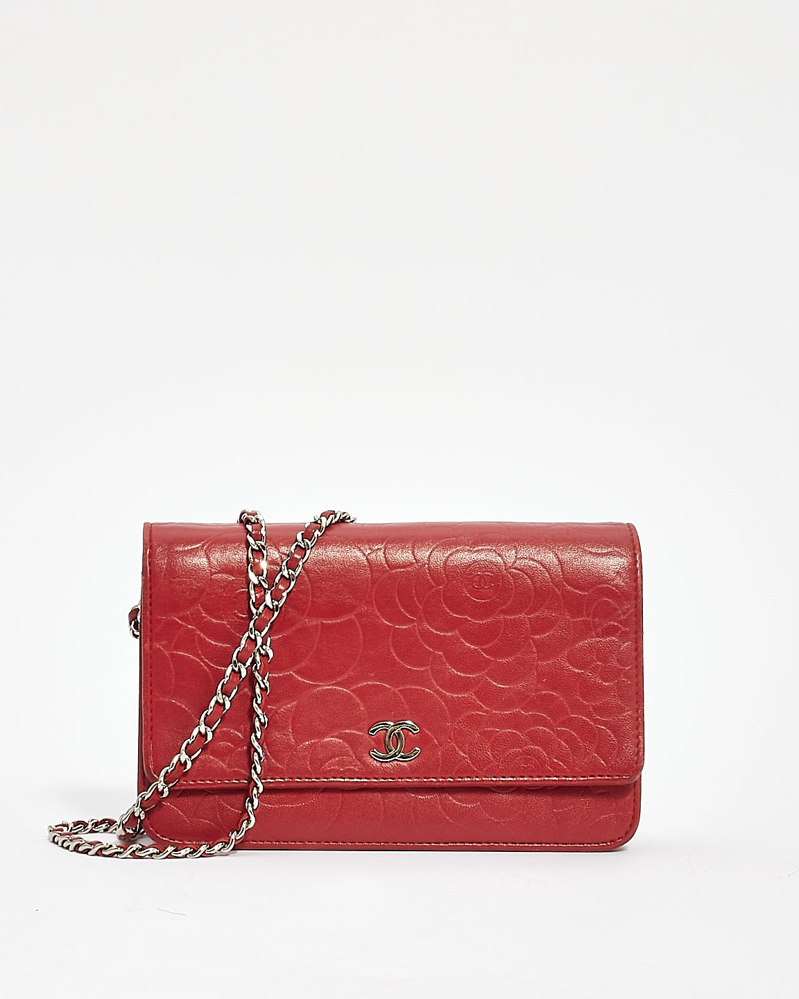 Chanel Red Leather Camellia Embossed Wallet On Chain