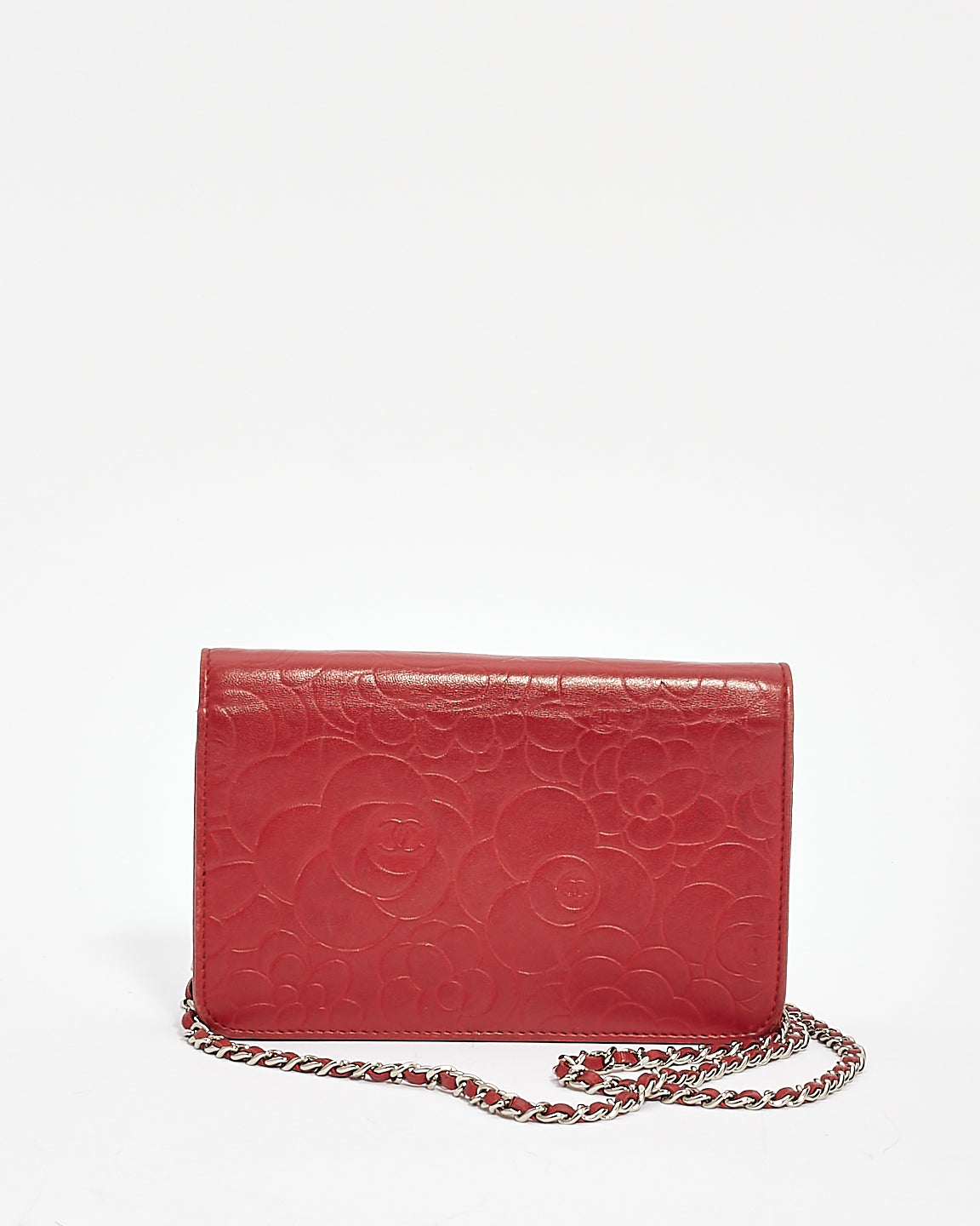 Chanel Red Leather Camellia Embossed Wallet On Chain