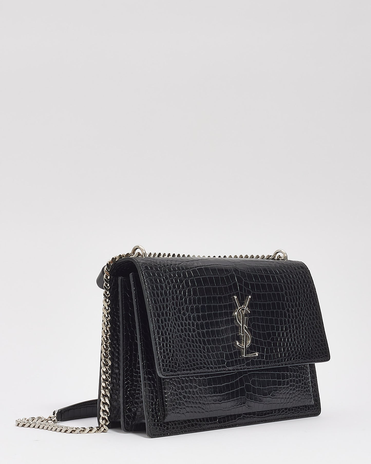 Saint Laurent Black Croc Embossed Shiny Leather Medium Sunset Chain Bag