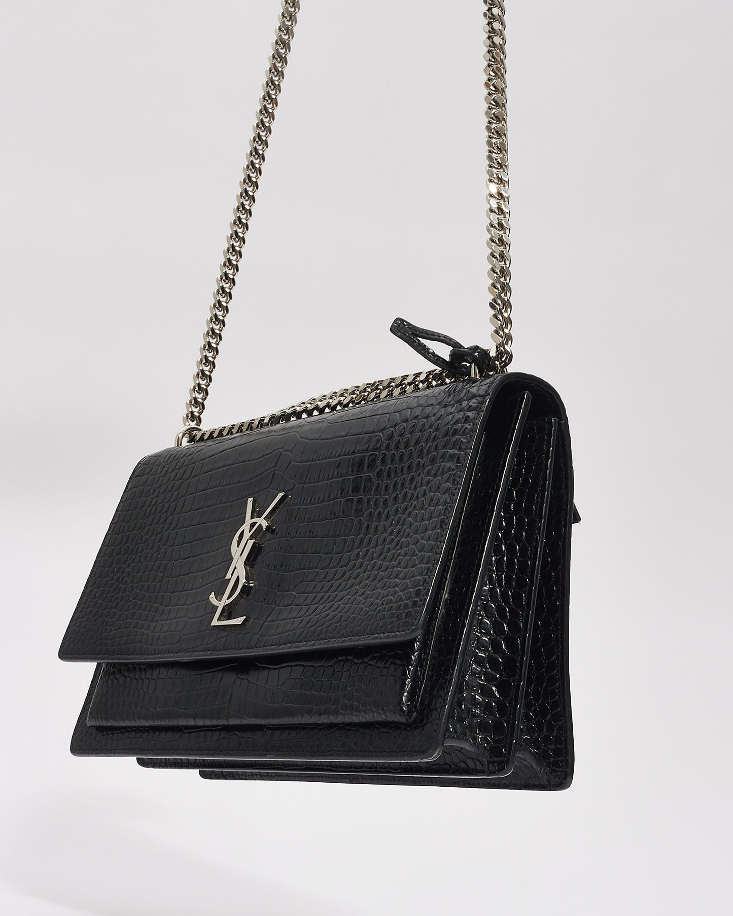 Saint Laurent Black Croc Embossed Shiny Leather Medium Sunset Chain Bag