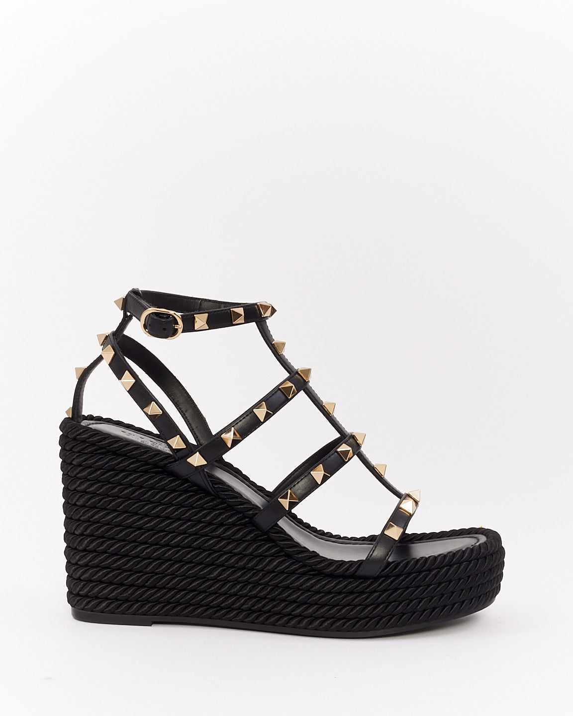 Valentino Black Leather Ankle Strap Rockstud Wedges - 37