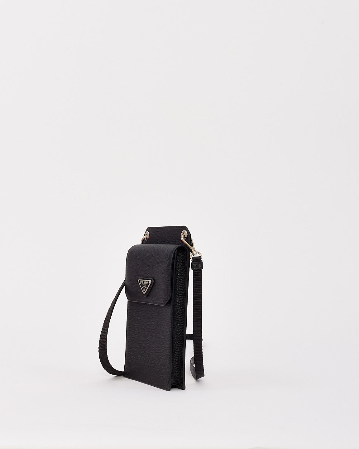 Étui de téléphone à bandoulière en cuir Saffiano noir Prada