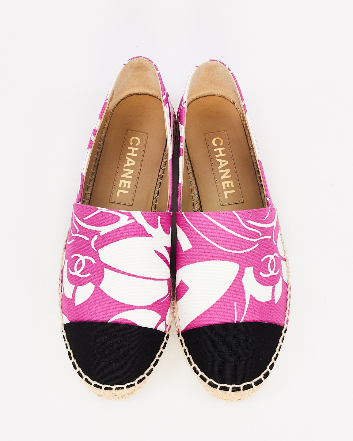 Espadrilles à motif en toile rose et blanche Chanel - 38