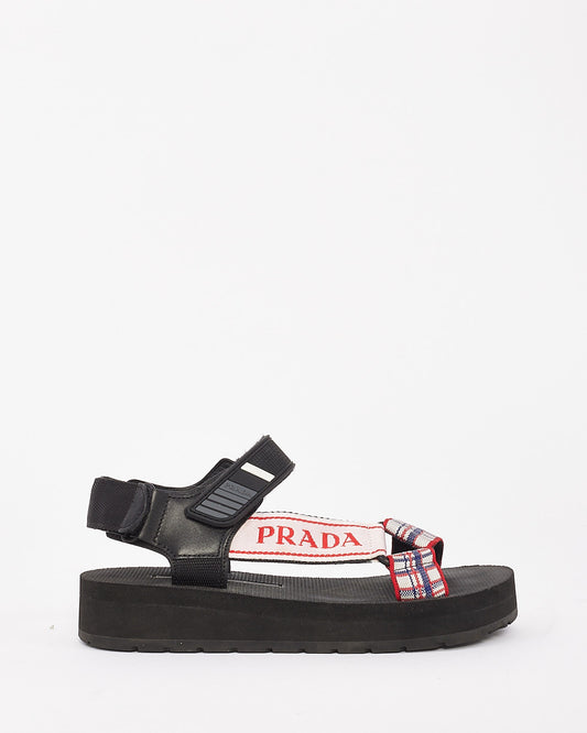 Prada Sandales noires Nomad en toile à logo et à carreaux - 7