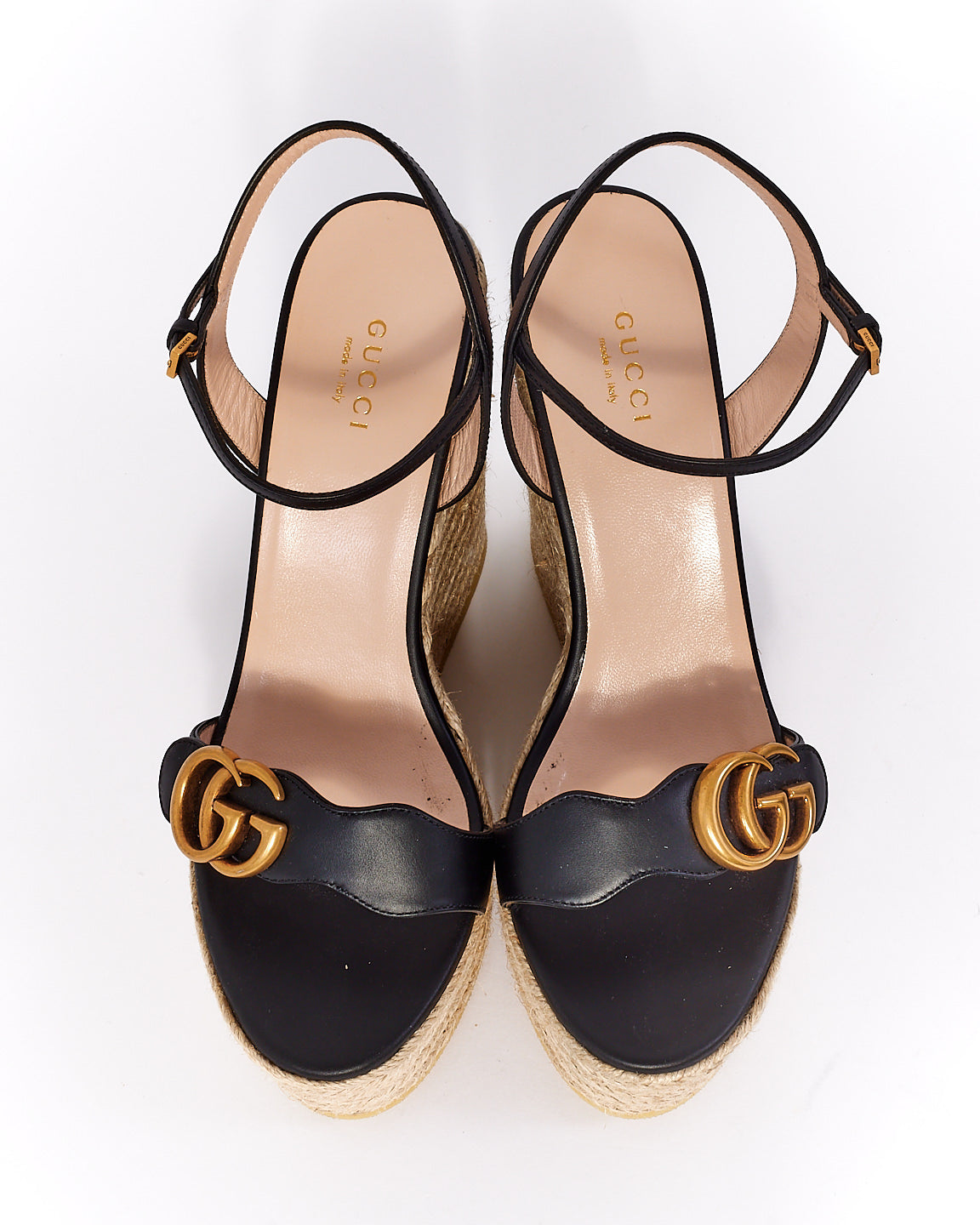 Gucci Black Leather Platform Espadrille Marmont Wedges - 39