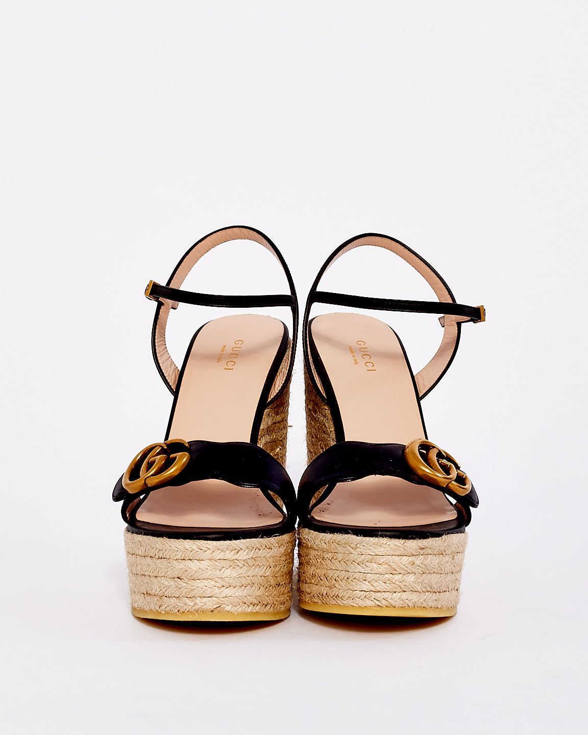 Gucci Black Leather Platform Espadrille Marmont Wedges - 39