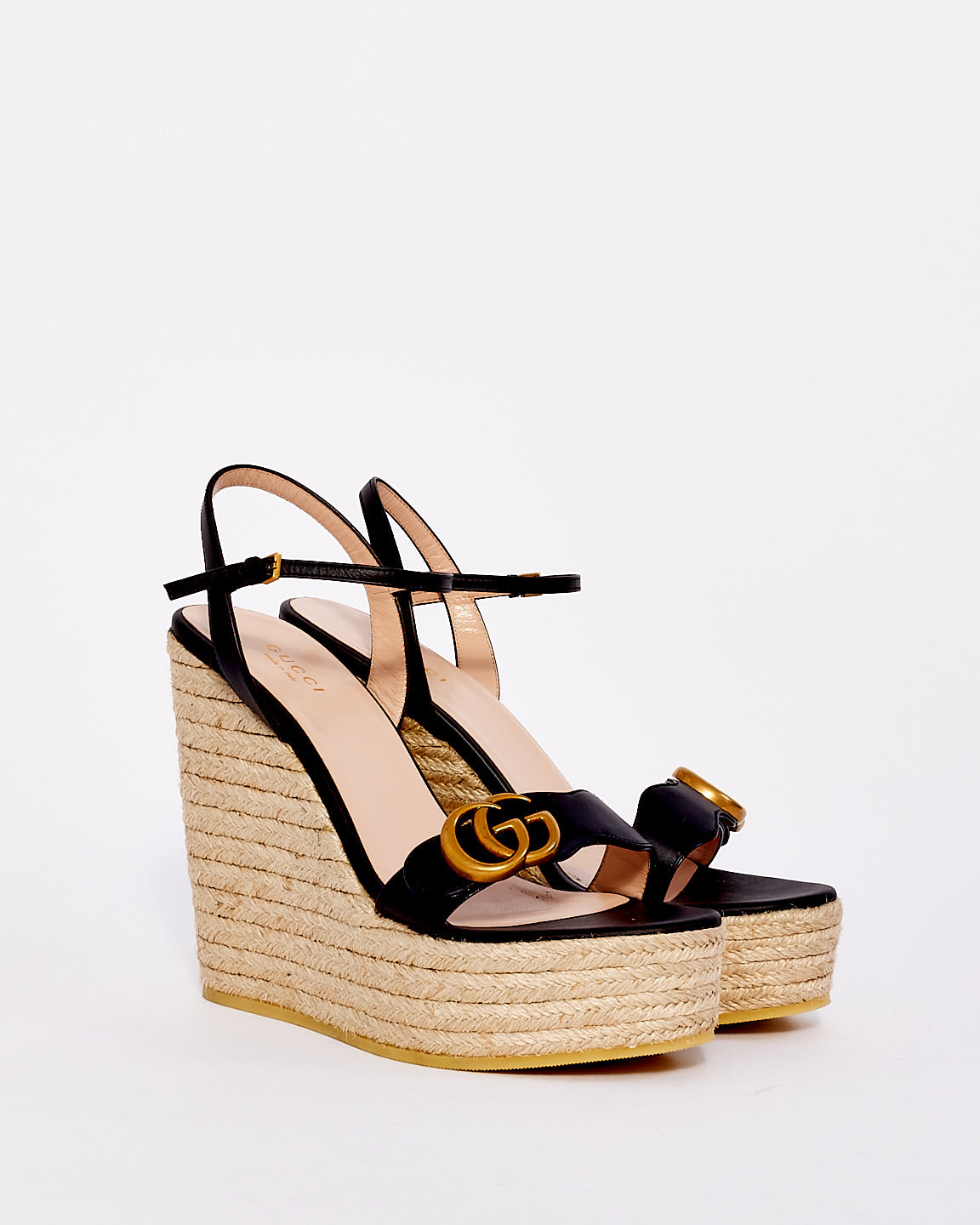 Gucci Black Leather Platform Espadrille Marmont Wedges - 39