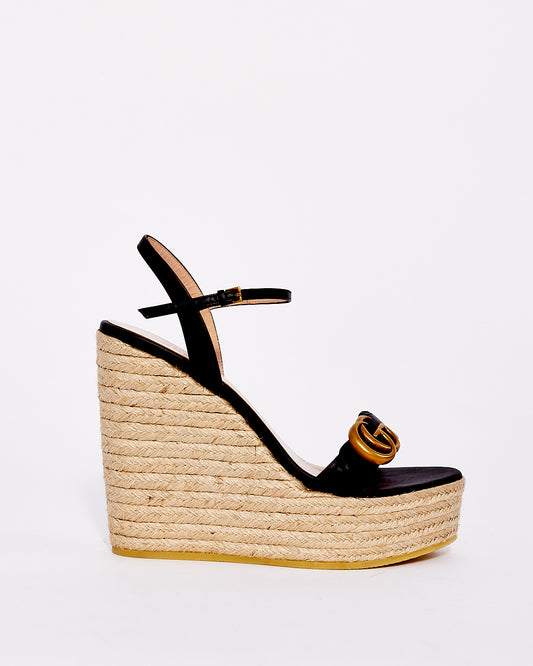 Gucci Black Leather Platform Espadrille Marmont Wedges - 39