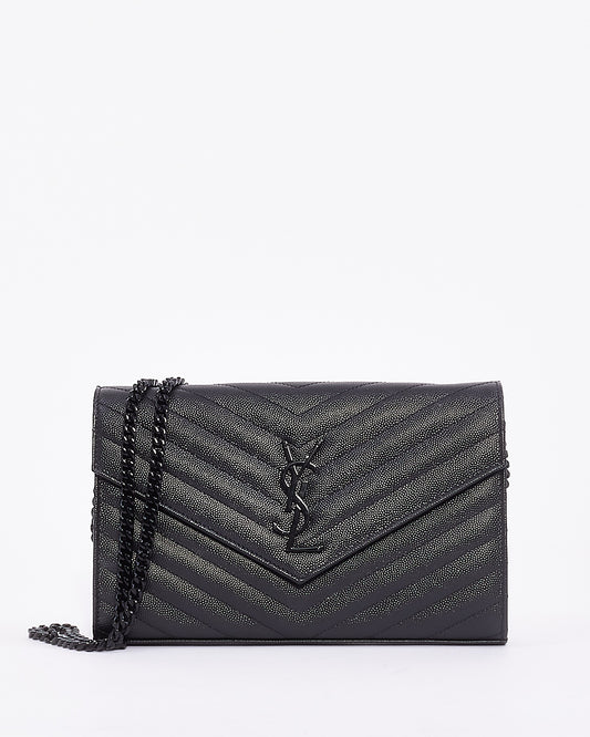 Saint Laurent Black Grain de Poudre Leather Matelasse Envelope Chain Wallet Bag BHW