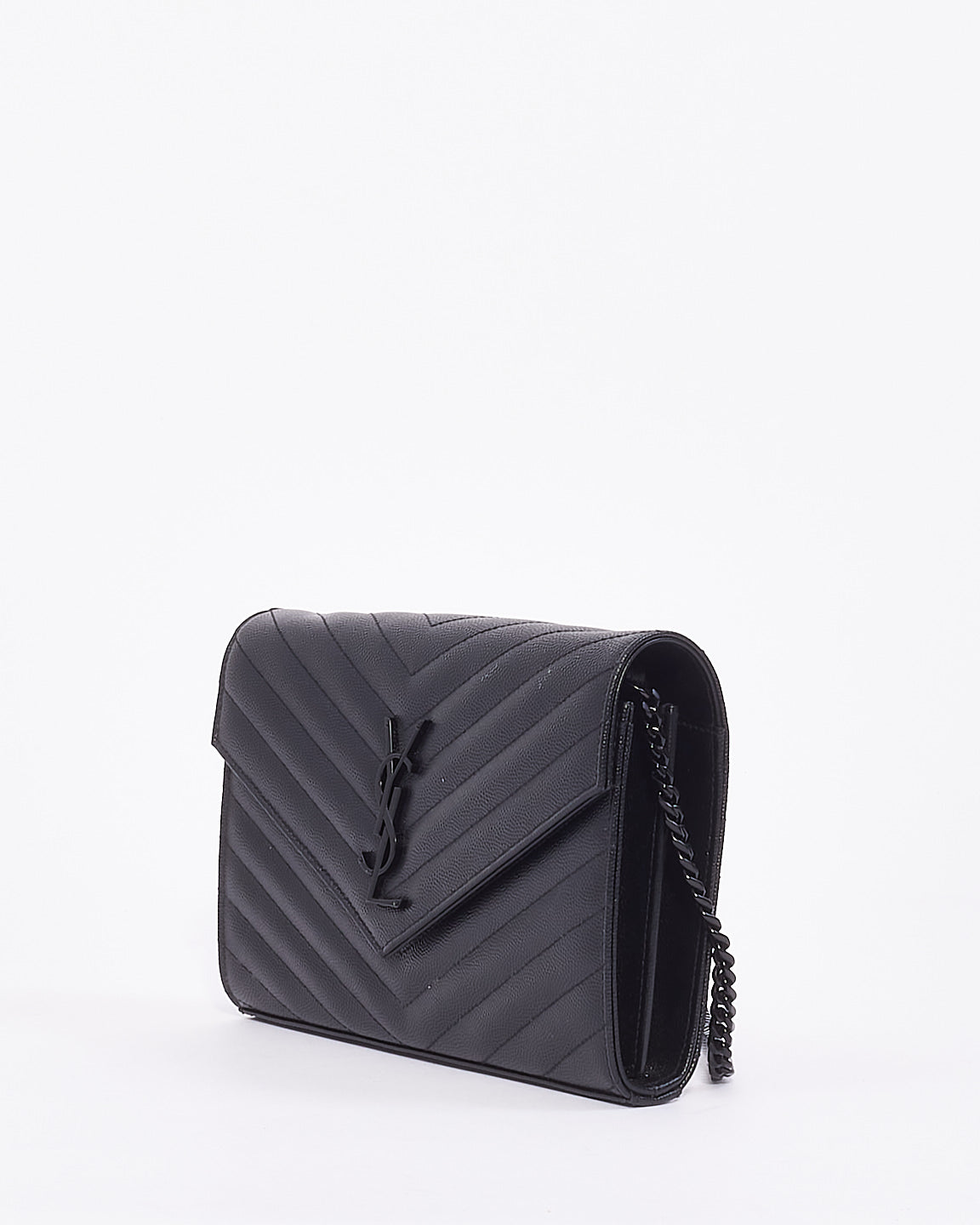 Saint Laurent Black Grain de Poudre Leather Matelasse Envelope Chain Wallet Bag BHW