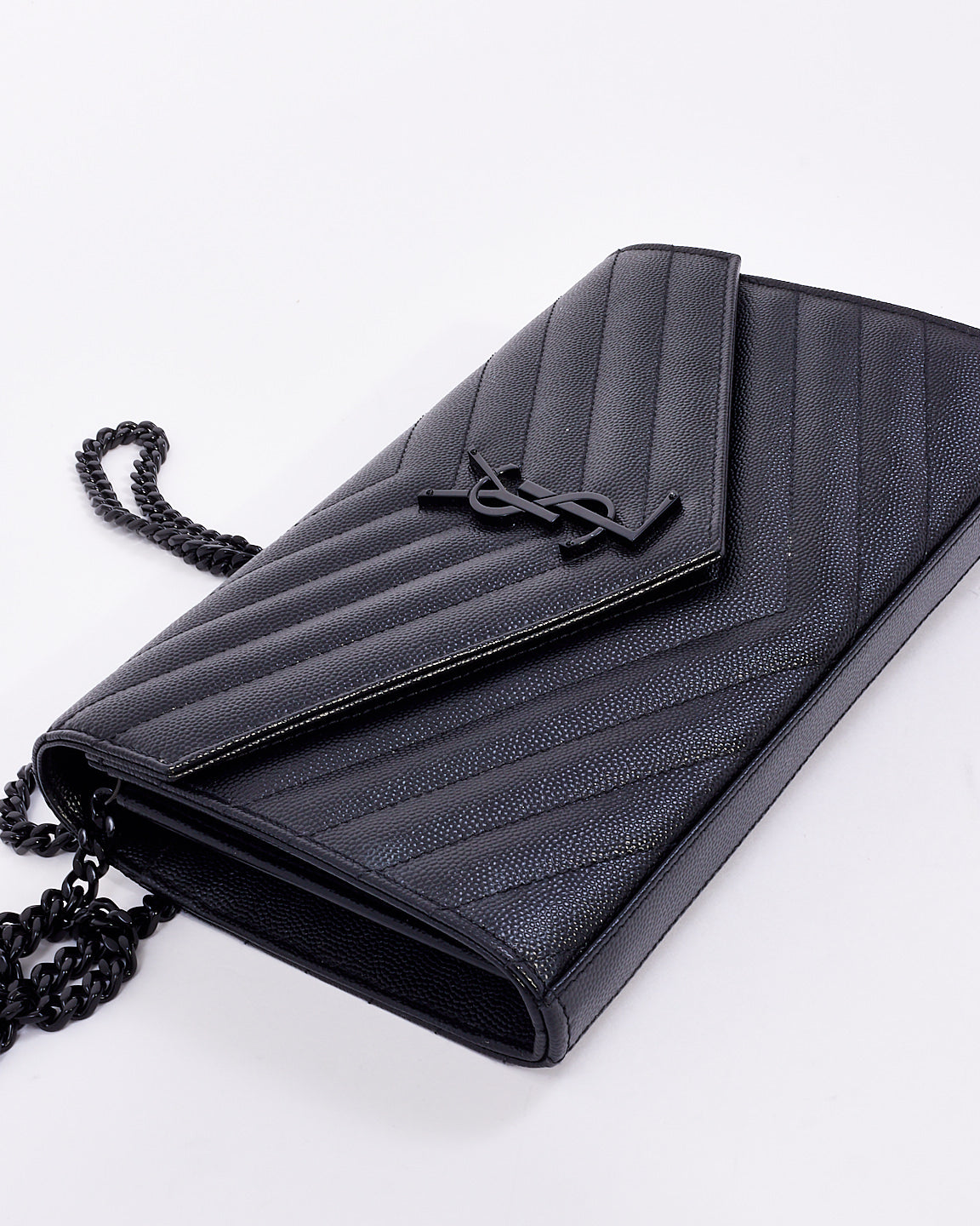 Saint Laurent Black Grain de Poudre Leather Matelasse Envelope Chain Wallet Bag BHW