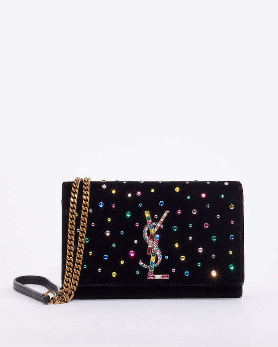 Saint Laurent Small Crystal Embellished Suede Monogramme Kate Chain Bag in  Black & Multicolor