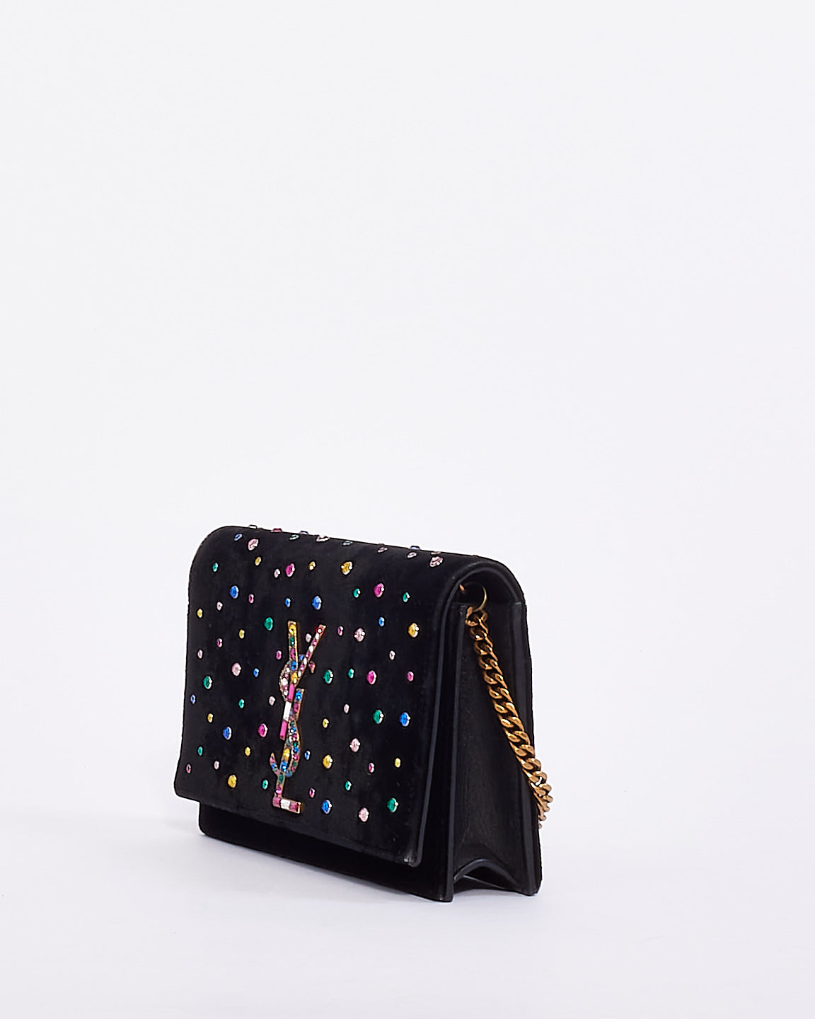 Saint Laurent Black Velvet Crystal Embellished Kate Wallet on Chain Bag