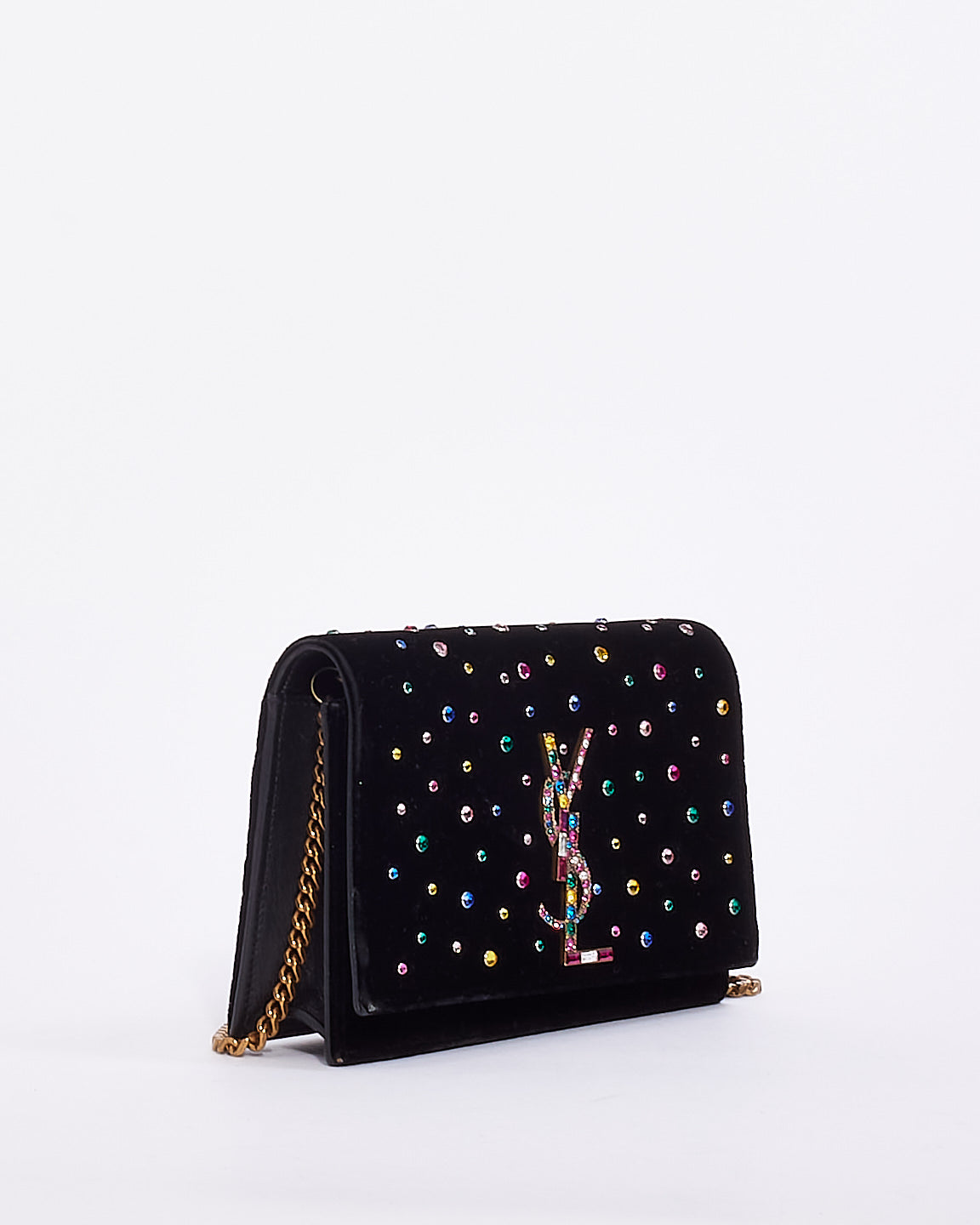 Saint Laurent Black Velvet Crystal Embellished Kate Wallet on Chain Bag