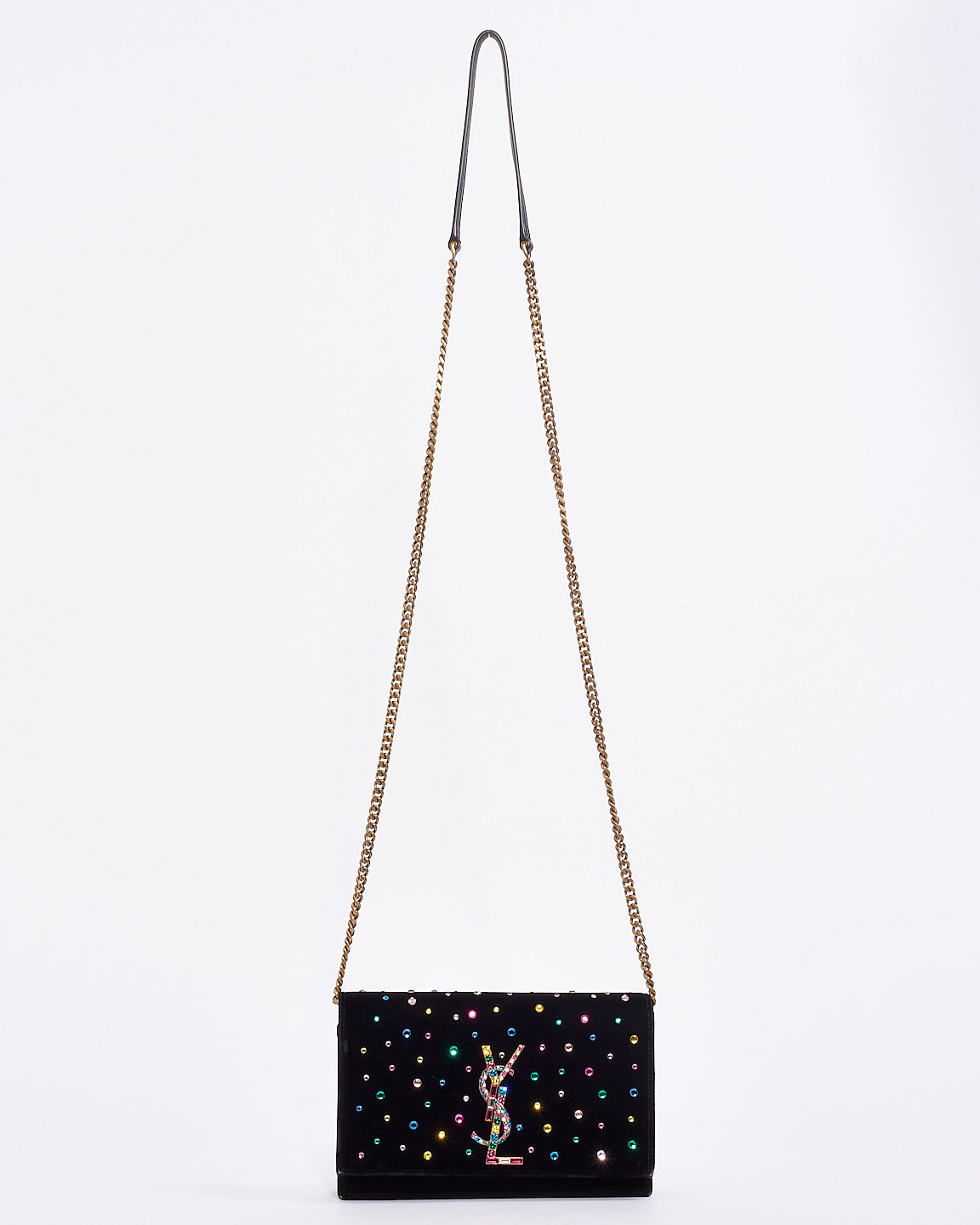 Saint Laurent Black Velvet Crystal Embellished Kate Wallet on Chain Bag