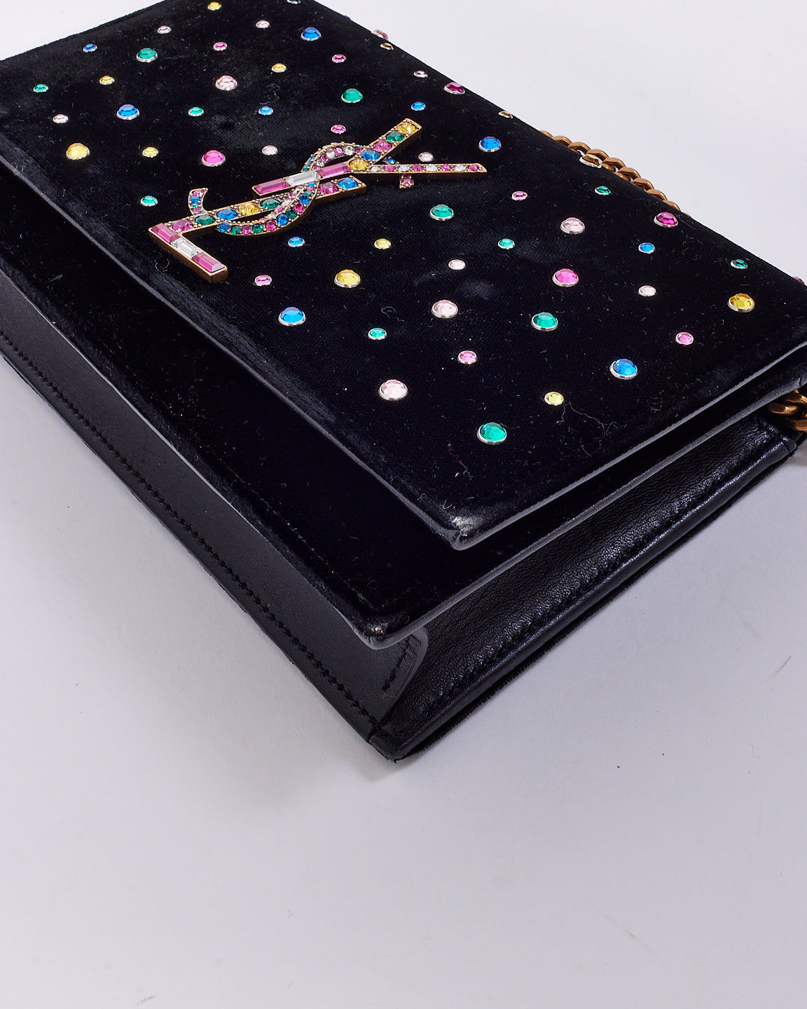 Saint Laurent Black Velvet Crystal Embellished Kate Wallet on Chain Bag