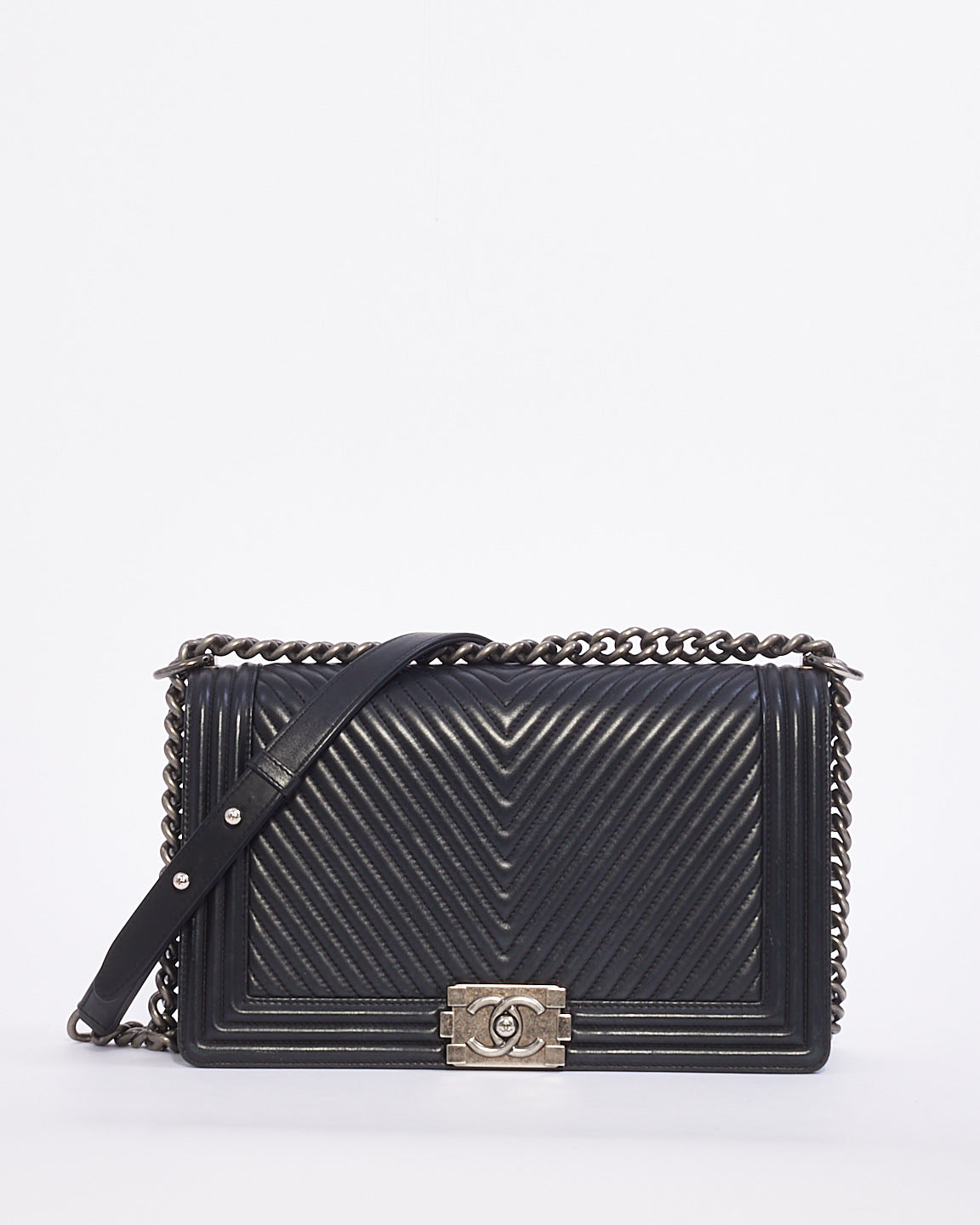 Chanel Black Chevron Lambskin Large Boy Bag