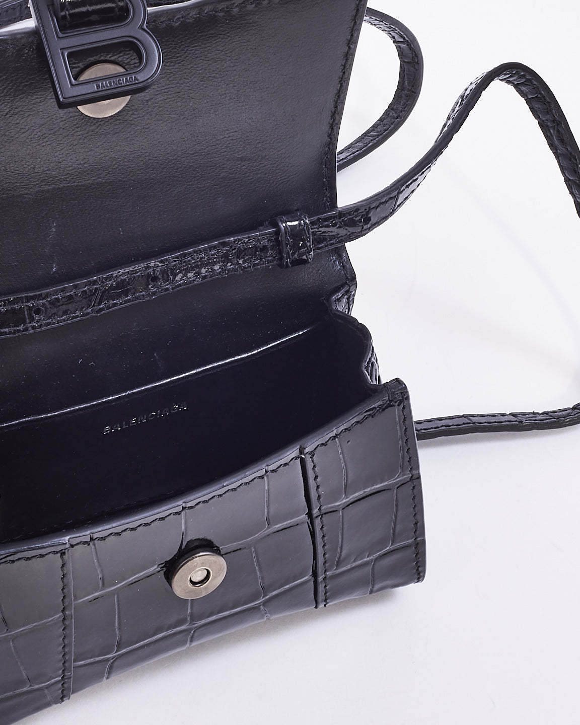 Balenciaga Mini sac à bandoulière Nano Hourglass en cuir embossé croco noir