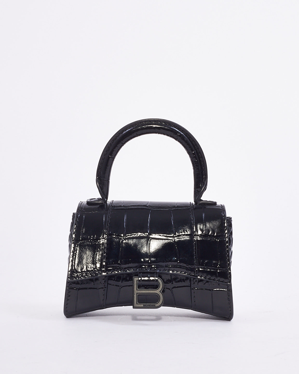 Balenciaga Mini sac à bandoulière Nano Hourglass en cuir embossé croco noir