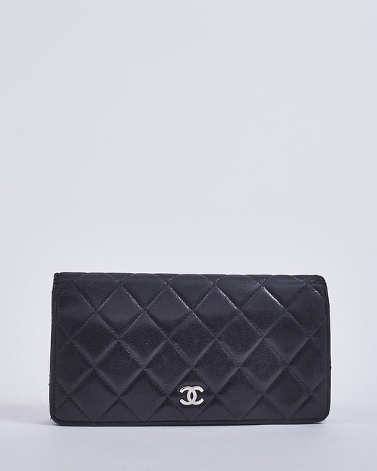 Chanel Black Lambskin Quilted Leather Logo Long Bi-Fold Wallet