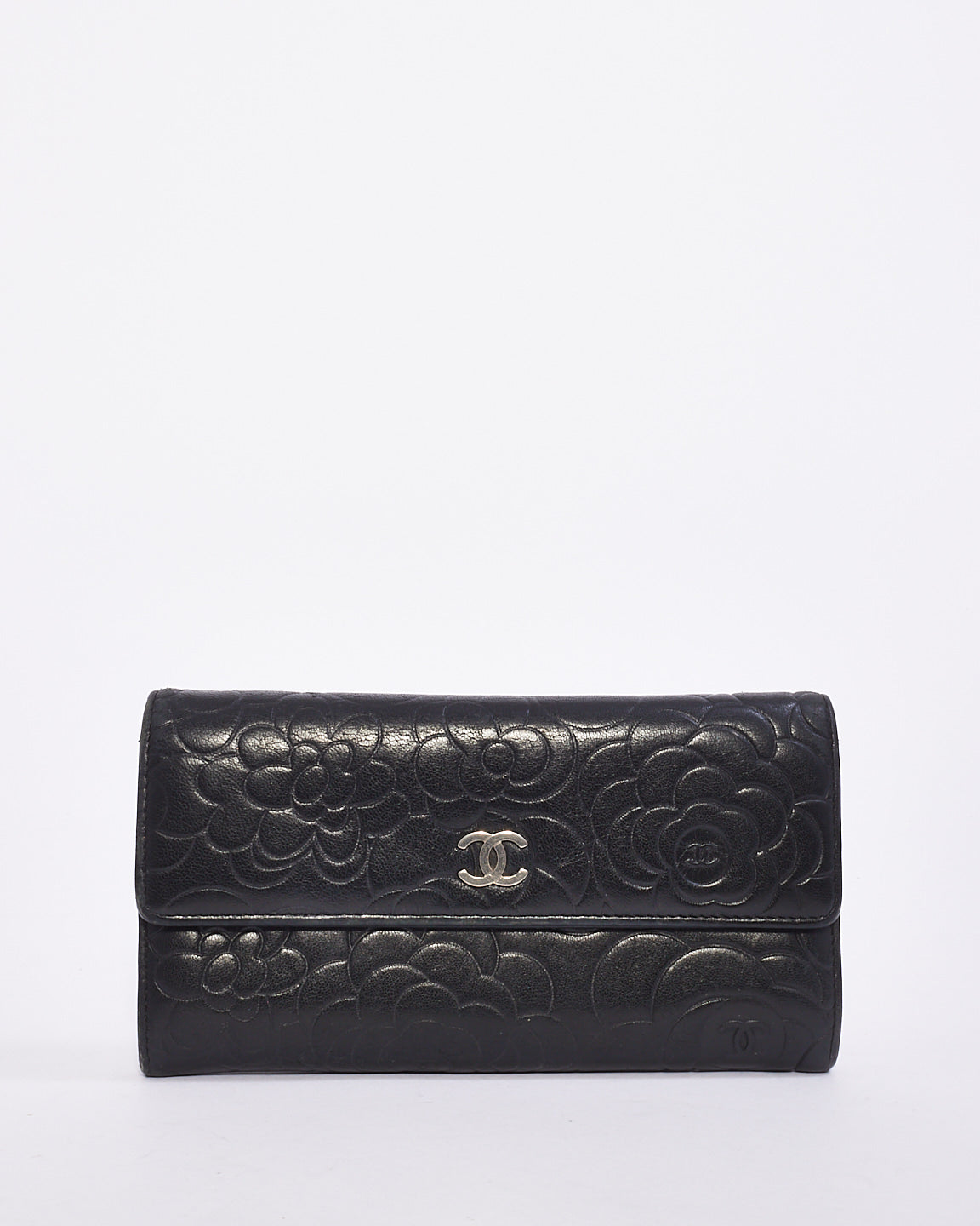 Chanel Black Lambskin Leather Camellia Flower Long Wallet