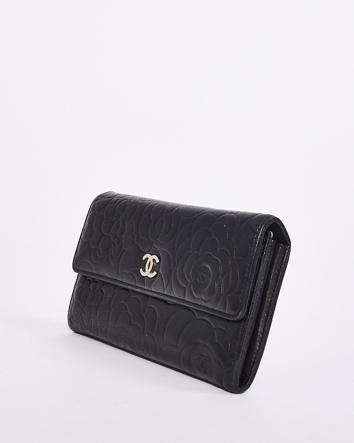 Chanel Black Lambskin Leather Camellia Flower Long Wallet